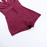 Sexy Halter Backless Rompers Short Jumpsuit Wine Red Black Deep V-neck Backless Lace-up Rhinestones Playsuit Female Bodysuit