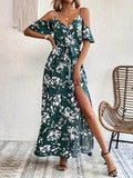 New Summer Women Print Dress 2025 Fashion Elegant  Vacation Party Short Sleeve Slim V-neck Slit Long Dresses Vestidos Para Mujer