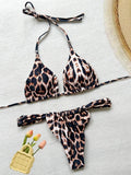PU Pleated Ruched Bikinis Mini Micro Thong Bikini Women Swimwear Female Swimsuit Two-pieces Bikini Set Halter Bathing Suit Swim