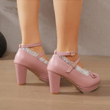 Women's Sweet Cute Lace Bow Lolita Platform High Heels, White Pumps Wedding Party Dress Shoes, Big Sizes 33-48