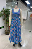 Women Summer Bohemian Floral Print Sundress Smocked Square Neck Sleeveless Backless A-line Long Tiered Ruffle Dress with Pockets