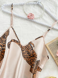 Summer 2-pieces Pink Leopard Printed Pajamas Set for Women Sexy Ice Silk Stain Sleepwear Casual Crop Tops and Shorts Lounge