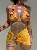 Sexy Yellow 3D Flower Mesh Cover Up Bikini Set 2026 Women Push Up Bra Skirt 3 Piece Swimsuit Beach Bathing Suit Holiday Swimwear