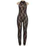 Women Halter Neck Lace Mesh Jumpsuit Sheer See Through Sleeveless Backless Bodycon Romper Y2K Clubwear Party Nightclub Outfit