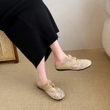 Women Mesh Sequins Slippers Outdoor Retro Slides for Girls Flat Heeled Summer Mules Female Bling Shoes with Bow Sweet Sandals
