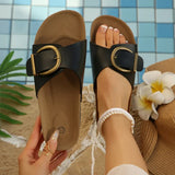Metal Buckle Flat Heel Slippers Women 2026 Summer Platform Non Slip Beach Sandals Woman Plus Size 43 Open Toe Cork Slides Flats