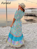 Foridol Single Breasted Bohemian Holiday Summer Women Dress Belt Casual Loose Maxi Floral Dress Short Sleeve Long Viscose Dress