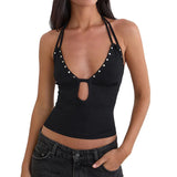 Women's Spring and Summer Camisole Studded Backless Navel Pullover Vest Top Fashionable and Sexy