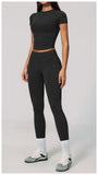2PCS Women's Tracksuit Seamless Yoga Set Short Sleeve O Neck Workout T Shirts Fitness Suit Tight Hip Lifting Leggings Gym Sets