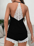 Women's Grey Spaghetti Strap Pajama Set Lace Hem Cami Top and Shorts Soft Knit Sleepwear Loungewear Comfortable Casual Pjs