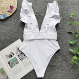 New Sexy Ruffled White Deep V One Piece Swimsuit Women Swimwear Female With Belt Monokini Bather Bathing Suit Swim Lady V2198