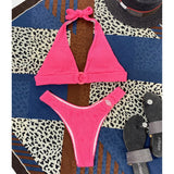 Halter Wrinkled Crinkled Bikini Women Swimwear Female Swimsuit Two-Pieces Bikini Set Brazilian Bather Bathing Suit Swim V2922