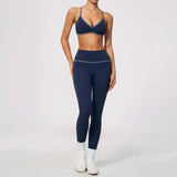 New Yoga Suit Women Color Blocked V-neck I Shape Sports Bra Fitness Clothes Summer Tight Running High Waist Leggings Tracksuit