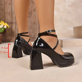 Fashion Ankle Wrap Thick High Heels Pumps Women Elegant Round Toe Platform Mary Jane Shoes Woman Patent Leather Pumps Ladies