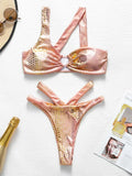 Asymmetric Shiny Snake Skin Thong Bikini Female Swimsuit Women Swimwear Two Pieces Bikini set High Cut Bather Bathing Suit Swim