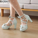 New Lolita Japanese Pearl Bow Sweet Cute Strap 9cm High Heeled Round Head Student Shoes Girls Vintage Sandals Single shoes 33-46