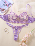 Sheer Floral Embroidery Lingerie Set Satin Trim Push Up Bra+Thong For Women Romantic Date Night/Anniversary Underwear ZA825246