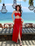 2025 Korean Swimsuit Women Sexy Bikini Red Split Long Skirt Swimsuit Women Halter 3D Flower Push Up Holiday 3 Piece Swimwear
