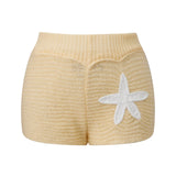 Women Slim Fit Stylish Decorative Starfish Ribbed Elastic Mid Rise Shorts Spring/Summer Holiday Beach Casual Knit Shorts