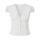 Women's Solid Color Short Sleeve Tops Eyelet V Neck Button Down Slim Fit Shirts Fashion Summer Retro Casual Cropped Blouse