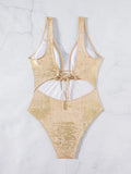 DEKA Gold One Piece Swimsuit with Metal Ring V Neck Swimwear for Women Tummy Control Slimming Halter Bathing Suits Summer Femal