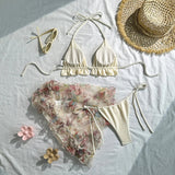 Vintage Mesh Floral Print Cover Up 3 Piece Bikinis Sets 2026 Women Ruffles Push Up Thong Swimsuit Beach Bathing Suit Swimwear