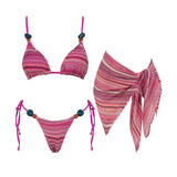 3Pcs Striped Bikini 2026 Bandeau Biquini Women Sexy Swimsuit Push Up Swimwear Female Mesh Pants Bathing Suit Cover Up Beachwear