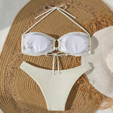 Sexy beige hollow out bow tie bikinis sets two pieces halter backless thong swimsuit Swimwear bathing suit beach outfits biquini