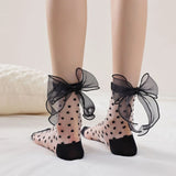 Womens Mesh Sheer Socks Breathable Decorative Bow Dots Design Casual Mid Calf Socks for Summer