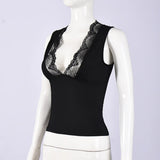 2026 Spring Summer New Arrival Elegant Sleeveless Women's Short Top Chic Fitted Lace-Panel Deep V-Neck Crop Tank Top Commute