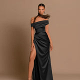 Elegant Satin Solid Color Off-Shoulder Women's Long Dress Sexy High-Waisted Flim Slit Pleated Dress for Lady Party Wedding