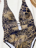 Tiger Printed Halter Deep V Neck One Piece Swimsuit Women Swimwear Female Backless Monokini High Cut Bathing Suit Swim Bodysuit