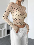 Womens Polka Dots Long Sleeve Mesh Tops Sexy See Through Sheer Blouses Shirts Going Out Crop Top Y2K Date Night Club Party Tops