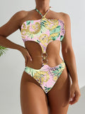 2026 Halter Monokini Swimsuit One Piece Sexy Ring Link Swimwear Women Bathing Swimming Swim Suit Padded Beachwear Summer XXL