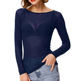 Sexy Women T Shirt See Through Mesh Black Long Sleeve Tees Sheer Slim Fit O Neck Tulle Crop Top Y2k T-Shirt Transparent Clubwear