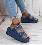 Women Denim Belt Buckle Wedge Heels Slippers Summer2026 Non Slip Thick Sole Beach Slippers Woman Fashion Buckle Platform Sandles