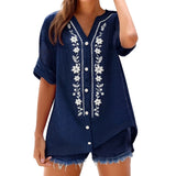 Womens V Neck Embroidered Linen Tunic Shirt Roll Up Sleeve Button Down Loose Fit Casual Boho Blouse Vintage Summer Beach Shirts