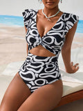 Vintage Sky Blue Striped Swimwear Women 2026 Sexy Ruffle Front Tie Hollow Out Slim Tummy Control Bathing Suit One Piece Swimsuit
