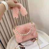 Fashionable Pearl Rabbit Fur Handbag Women's Crossbody Bag Chain Design Winter Small Versatile Shoulder Bag
