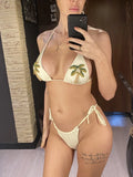 Coconut tree Printed Halter Bikini Female Swimsuit Women Swimwear Two-Pieces Bikini Set Padded Bather Bathing Suit Swim V7308