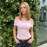 Women Summer Solid Color Off the Shoulder Crop Tops Lace Trim Slim Fit Boat Neck T-shirts