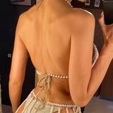Luxury Pearls Halter Hollow Out See Through Bikini Top Female Swimsuit Women Swimwear Bather Bathing Suit Swim Beach Top V5409