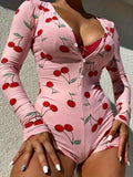 Pajamas Women's Sexy Onesies Bodysuit Casual Cherry Print V-neck Front Button Long Sleeve Slim Fit Jumpsuit Sleepwear