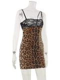 Ahagaga Camisole Sexy Mini Dresses Women Backless Lace Patchwork Leopard Print Sequin Slim Bodycon Y2K Club Party Vestidos