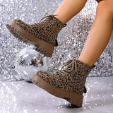 Fashion Leopard Print Platform Ankle Boots Women Lace Up Thick Sole Crystal Short Booties Mujer Round Toe Zipper Modern Boots