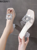 Women Luxury Crystal Buckle Slip-on Transparent Fresh Slippers Women 2026 Square Toe Slides Sexy Beach Party Princess Shoes