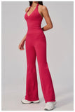 V-neck Yoga Sets Women Seamless Slimming Sports Tank Top High Waist Wide Leg Pants Fitness Suit Outwear Gym Running Tracksuit