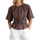 Women's Summer Puff Sleeve Tops Fashionable Dot Print Round Neck Cinched Waist T-shirts for Casual Daily Wear