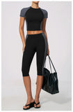 Color Blocking 2PCS Yoga Set Women's Tracksuit Short Sleeve O Neck Sports T Shirts High Waist Cropped Pants Tight Fitness Suits