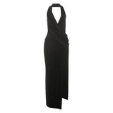 Temperament Halter Neck Party Dresses Women Sexy Deep V-neck Backless Package Hip Slit Dress Hot Girls Club Banquet Vestidos